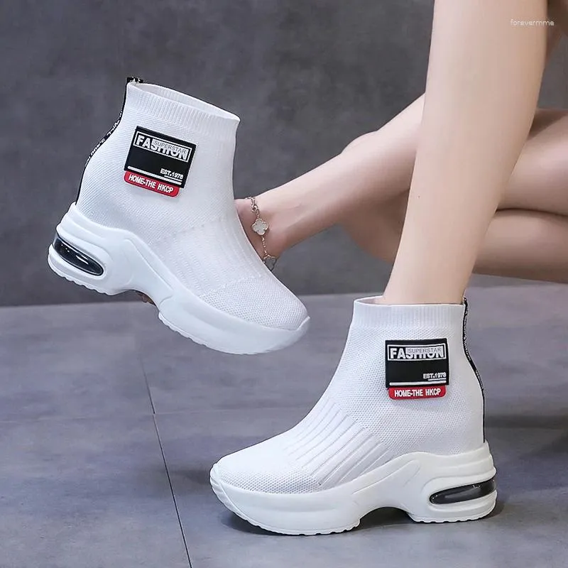 Casual Shoes 2024 Spring Autumn Breathable Air Mesh Stretch Fabric Women's Sneakers Solid Super High Heel Thick Platform Footwear