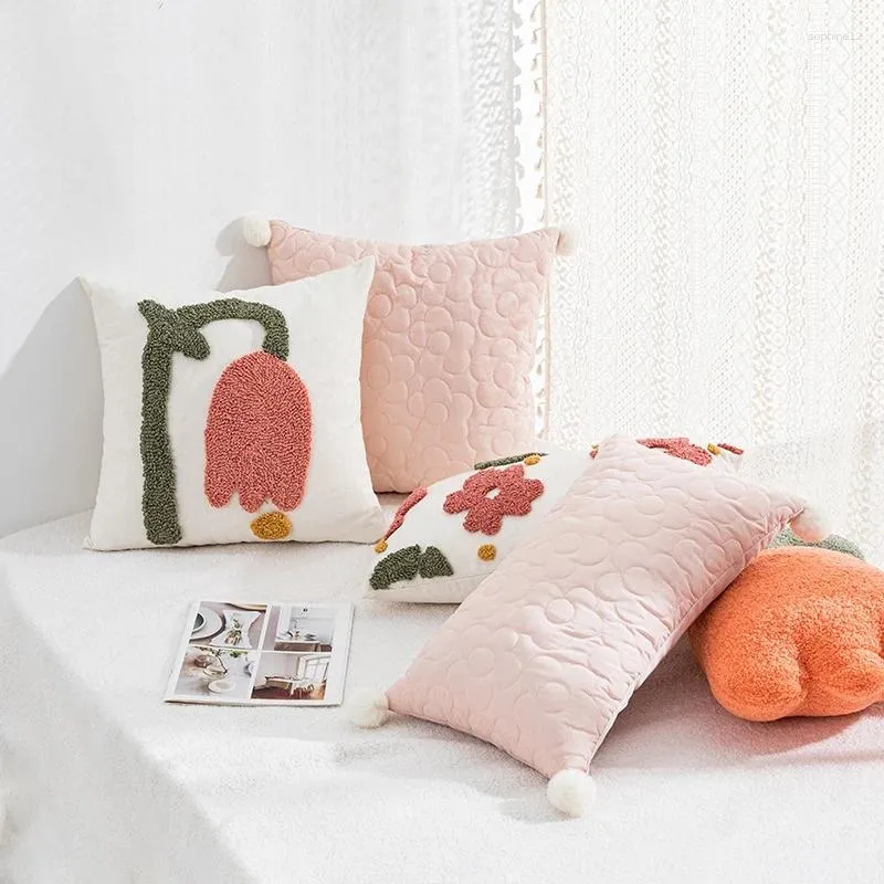 枕ノルディックフレッシュスタイルカバーピンクの花の装飾枕モデルルームの女の子のベッドルームソファベッドバックレストウエスト枕カバー
