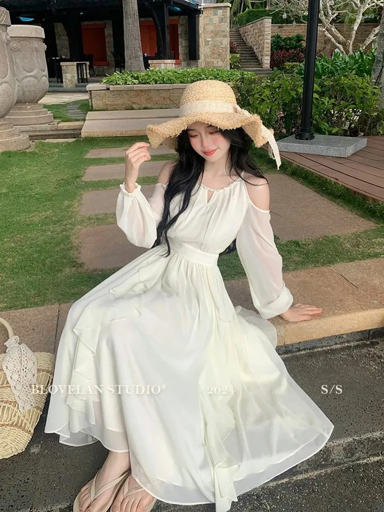 Casual Dresses 2024 Summer Ruffles Women Cute Japanese Korean Design Holiday Date Romantic Temperament Lady Pärled Vintage Dress Long