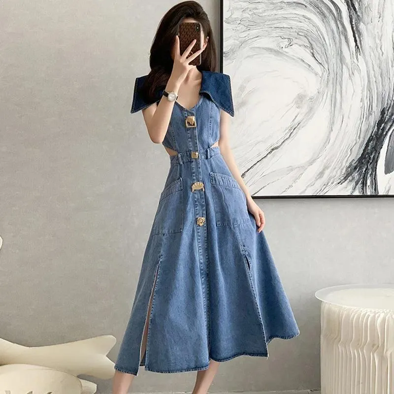 Casual Vintage Elegant Blue Denim Sleeveless Dress For Women, Summer Sexy  Hollow Waist Single-Breasted High Slit A-Line Dress from Dhgate Basic &  Casual Dresses - price 56.16