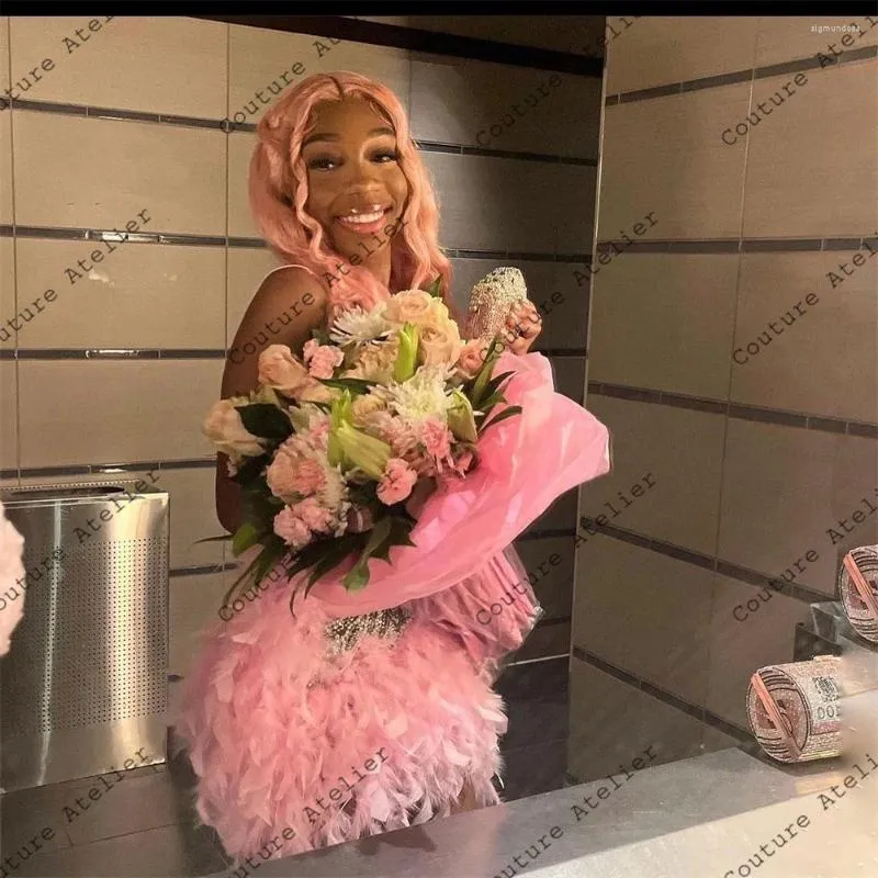 Pink Beaded Crystal Feather Mermaid pink homecoming dress for Black Girls Perfect for Birthday Cocktail and Homecoming Parties