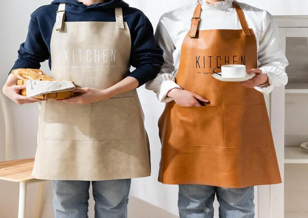 Fashion Nordic Leather Apron Kitchen Coffee Shop Cleaning Apron Adult Waterproof Cooking Baking Aprons Adjustable With Pockets 2016615676