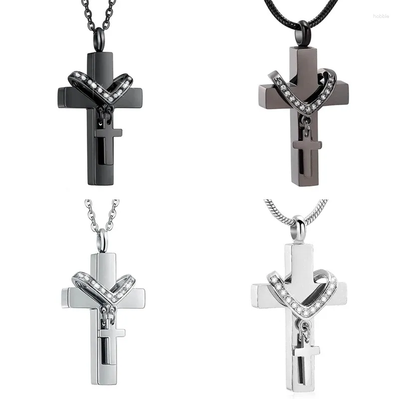 Colliers pendants incrustants en incrustation de Crystal Multistal Crystal Double Cross Indexless en acier Urne qui maintiennent les cendres de proches - !!!