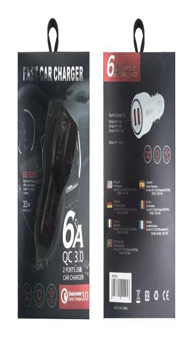 С коробкой QC 30 Dual USB -порта Car Chargers Высокоскоростная быстрая зарядка 31A для iPhone Samsung S8 S10 Android Phone4398539