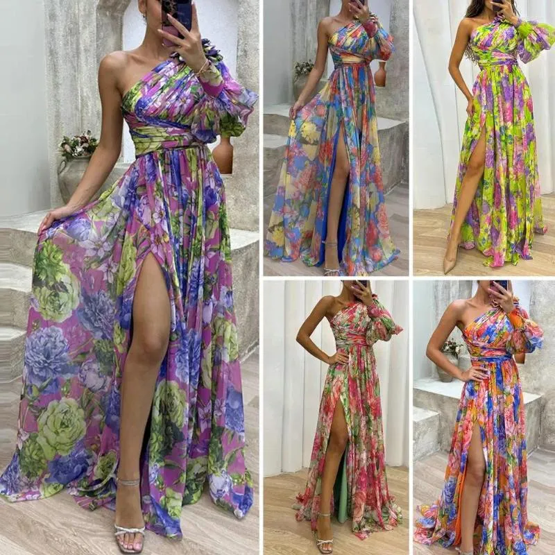 DHgate.com:Elegant One-Shoulder Floral Maxi Dress with Side