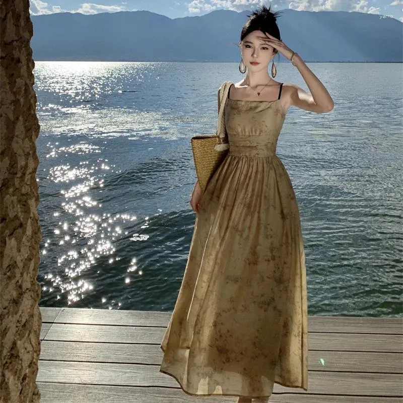 Sıradan Elbiseler Boho Vintage Elbise Spagetti Kayışı Çiçek Baskı Plaj Dantel Up Çin Geleneksel Geleneksel Uzun Bir Çizgi Vestidos Drop