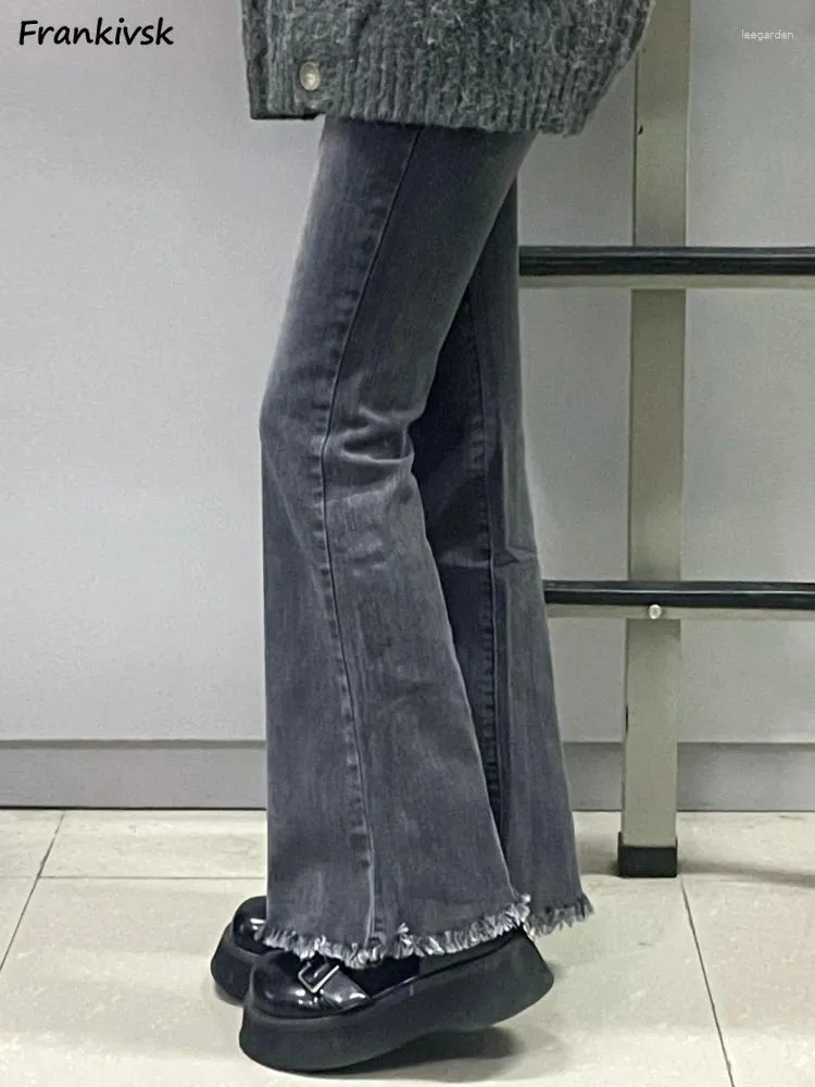 女子ジーンズレトロな女性タッセル漂白洗浄されたファッションハラジュクシンプルレジャー日本語スタイルフレアオールマッチのわずかなストレッチボトム