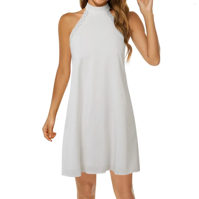Casual Sleeveless White Halter Dress For Women, High Collar Flowy Loose Fit  Short Backless Vestidos, Summer Strappy Mini Beach Dress