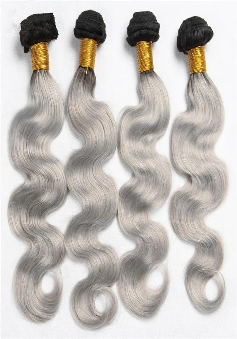 Zilvergrijs ombre Indiase lichaamsgolf haaruitbreidingen 1B grijze tweekleurige ombre haarbundels 4pcs lot body wave haren weave2277795