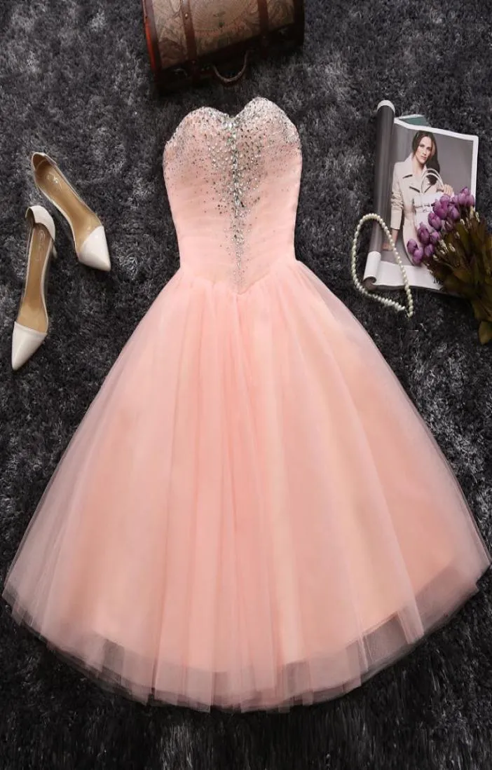 Pink Homecoming Dresses Short Party Dresses Pleats Tulle Ball Gown Prom Dresses Shining Sequins Beads Laceup Back Black Prom Dres1520177