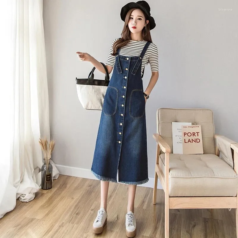 Casual Dresses S 5xl Korean Mid Length Denim Overall Dress Women Elegant Slim A line Tassel Jean Suspender Vestidos Plus Sized Strap