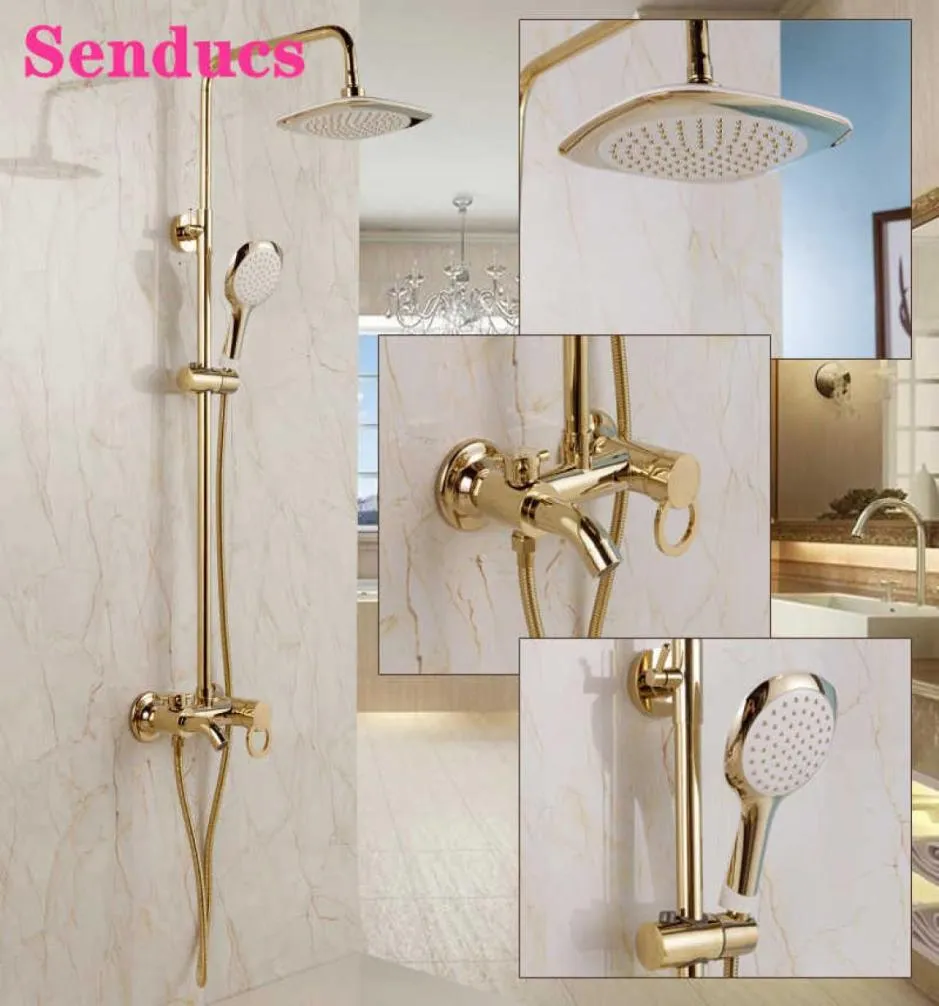 Gold Bathroom Shower Set Senducs Round Rainfall Hand Shower Head Copper Bathtub Mixer Faucets Cold Bath Shower System X07055327706