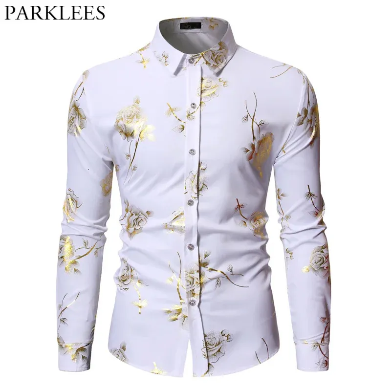 Mens Gold Rose Floral Print Shirts Brand Floral Steampunk Chemise White à manches longues Bronzing Camisa Masculina 240403