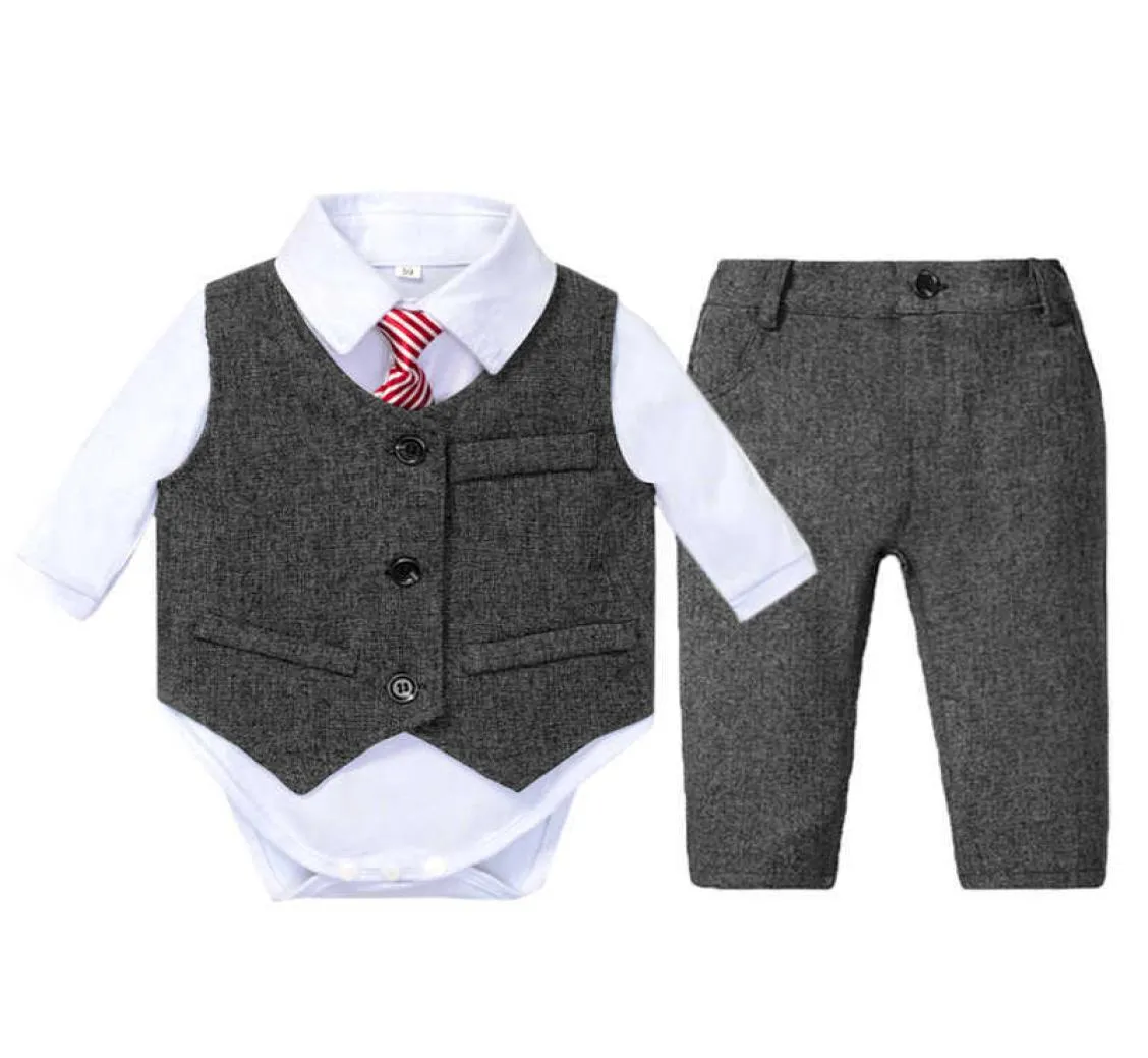 Baby Clothes Vest Outfit Suit Formal Boy Set Tie Bow White Romper for 9 12 18 24 Months Party Birthday Kid Gentleman Clothes G10232791635