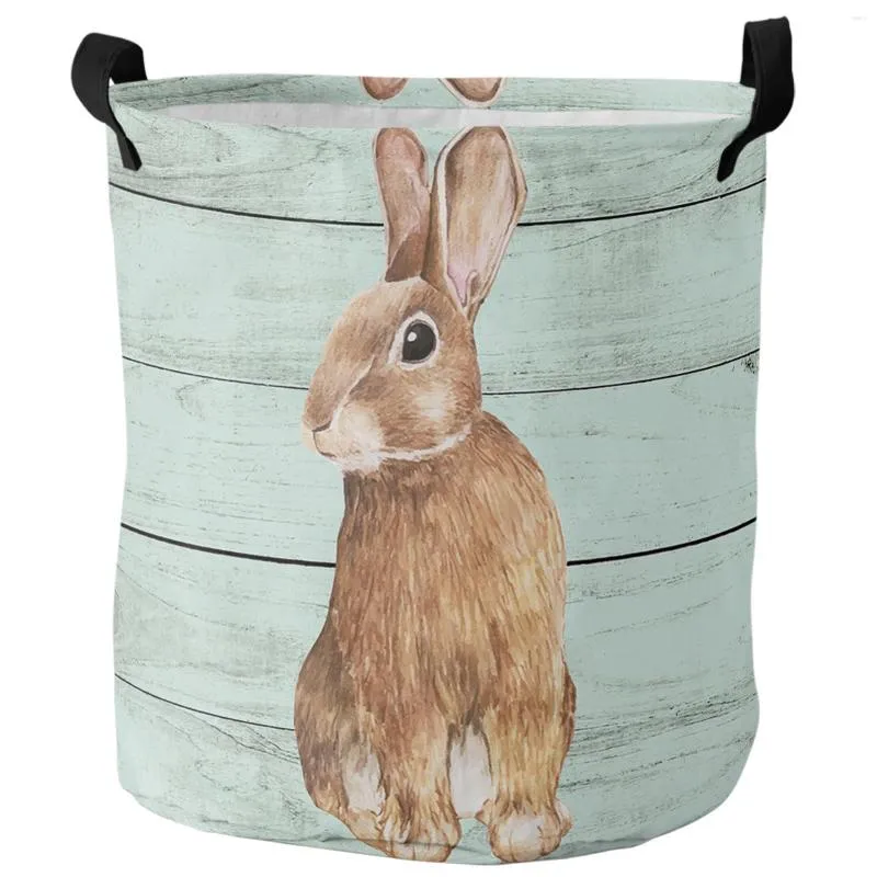 Laundry Bags Easter Spring Animal Vintage Wood Grain Foldable Basket Large Capacity Waterproof Organizer Kid Toy Storage Bag