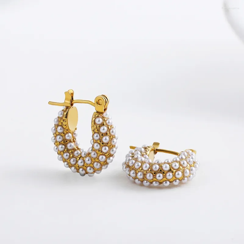 Boucles d'oreilles cerceaux Vintage Paves perles Perles en acier inoxydable pour les femmes Fashion Small Round Circle Earge boucle