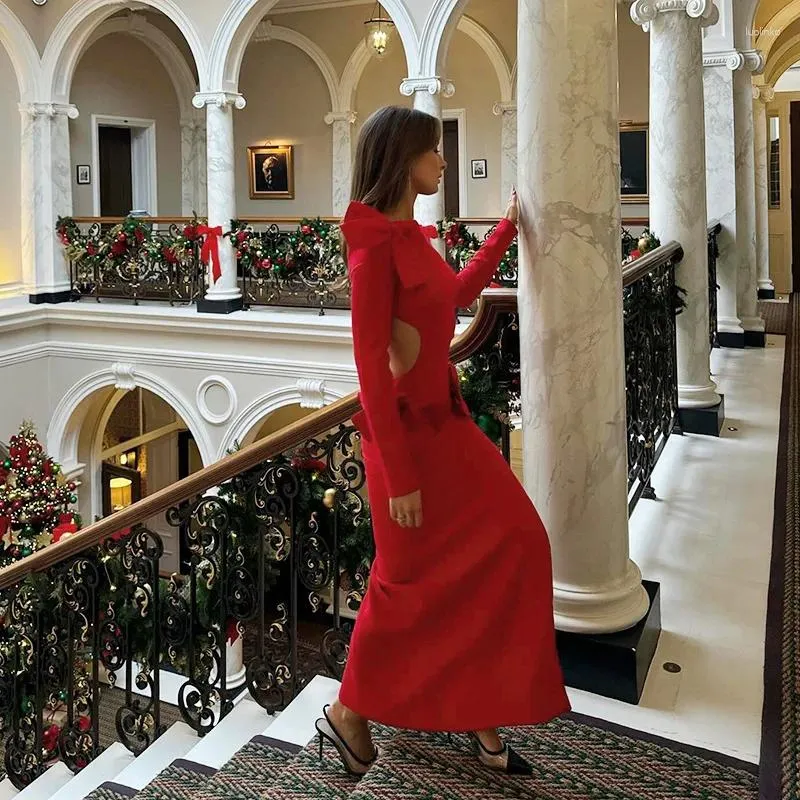 Elegant Red Backless Maxi Dress with Bow and Cut-Out Bodycon for Women's Christmas Party