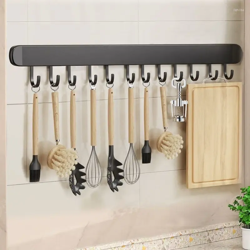 Kök förvaring Punch-Free Rack Hook Black Space Aluminium Hanging Rod Spoon Shovel Dormitory Hanger Wall