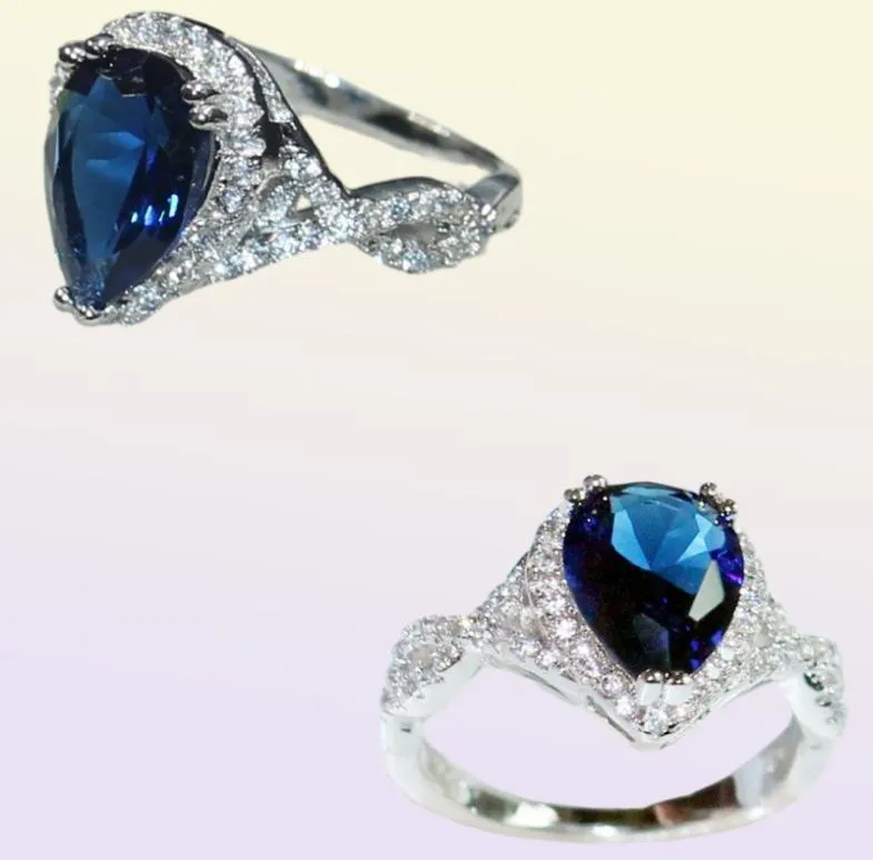 925 Sterling Silver Crown Delicate Pearshaped Blue Sapphire Waterdop Edelsteen ring Vinger Maat 5107312075