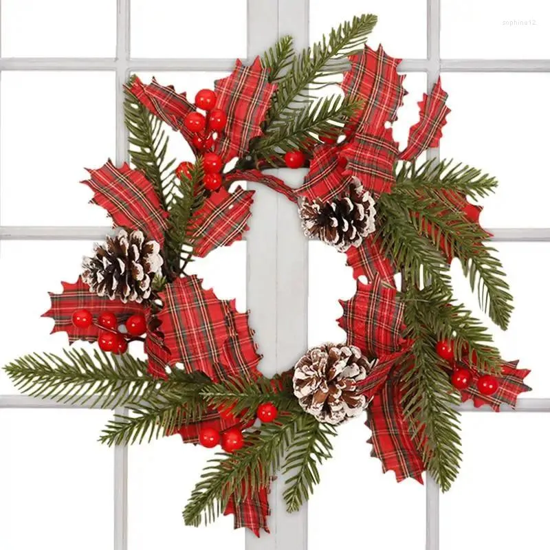 Decorative Flowers Christmas Wreath Decoration Winter Red Plaid Garland Farmhouse Welcome Pine Cones Decorations