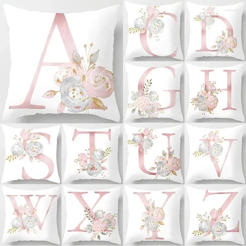 Pillow White Pink Alphabet Pillowcase Letter A-Z Flower Cover Sofa Home Decor