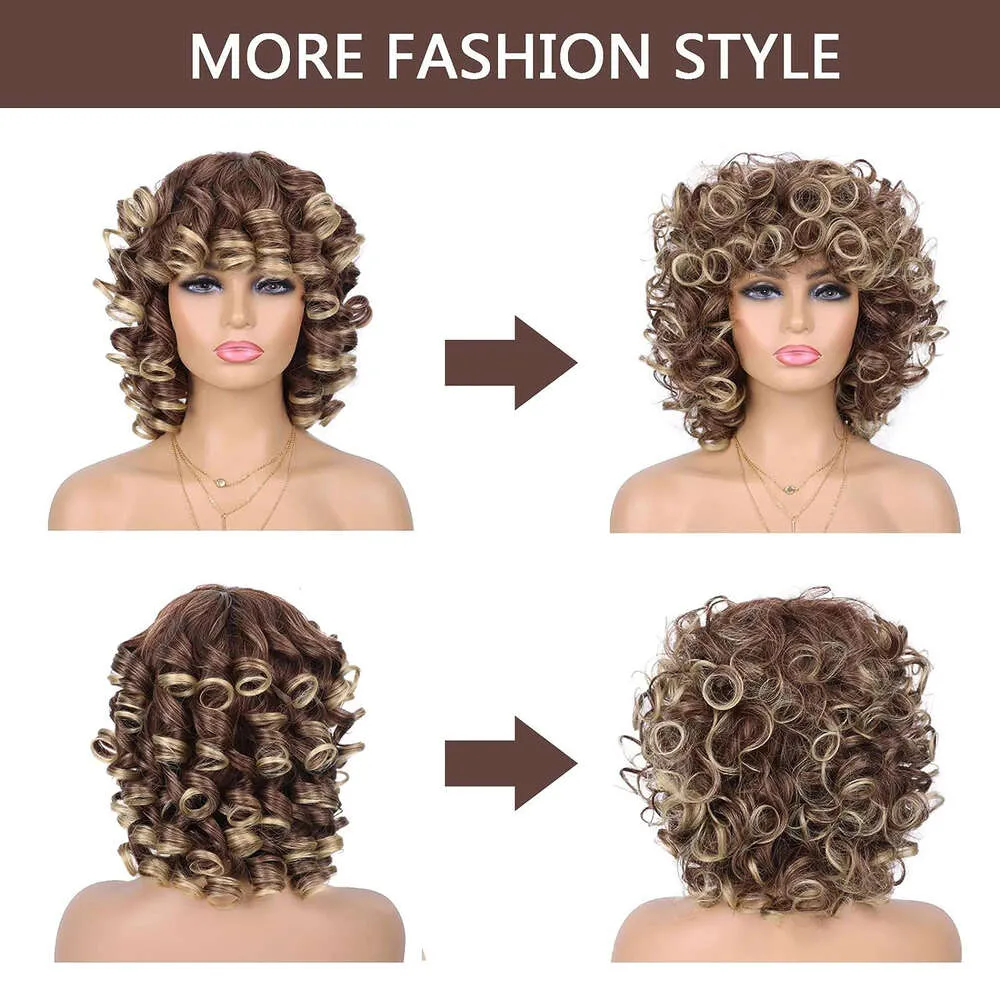 Perucas curtas curtas e encaracoladas com franja para mulheres afro ondas de onda solta de onda solteira ombre sintética marrom escuro Big Bouncy Fluffy Wig