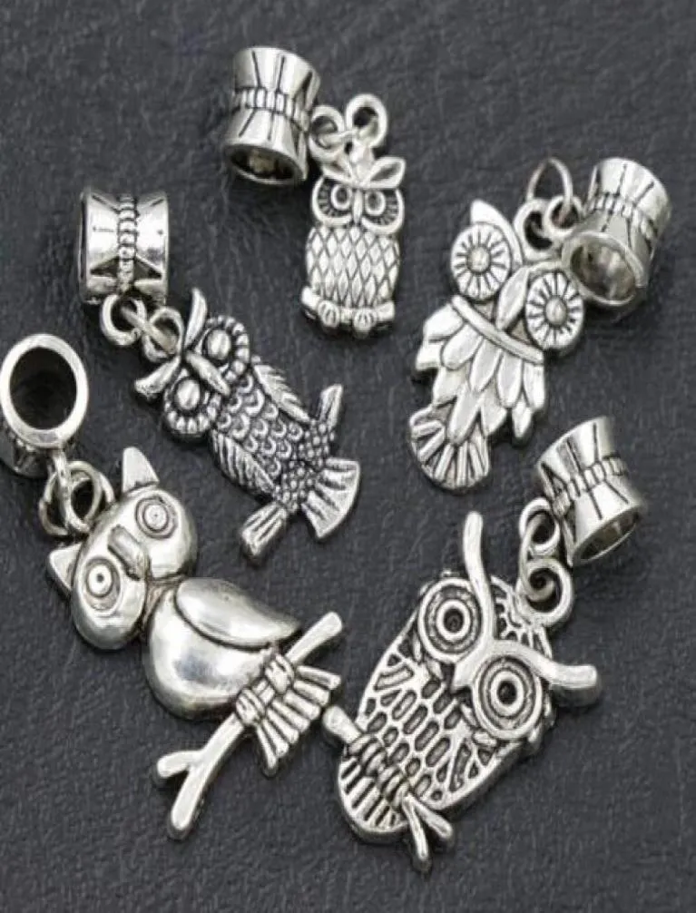 7styles Assorted Bird Owl Dangle 105pcslot Antique Silver Big Hole Beads Fit European Charm Bracelet B1563 B9934815038