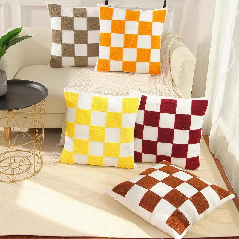 Pillow Canvas Checkerboard Case Cotton Home Stain-resistant Sofa Bed Decor Poszewka Boho