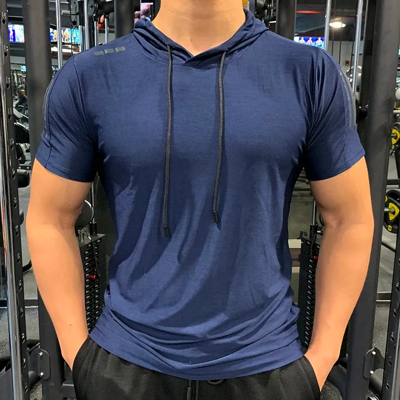 T-shirts gym sport huva löpande män t shirt fitness smal hög elasticitet andas snabb torr kroppsbyggande herr tshirt män tee toppar