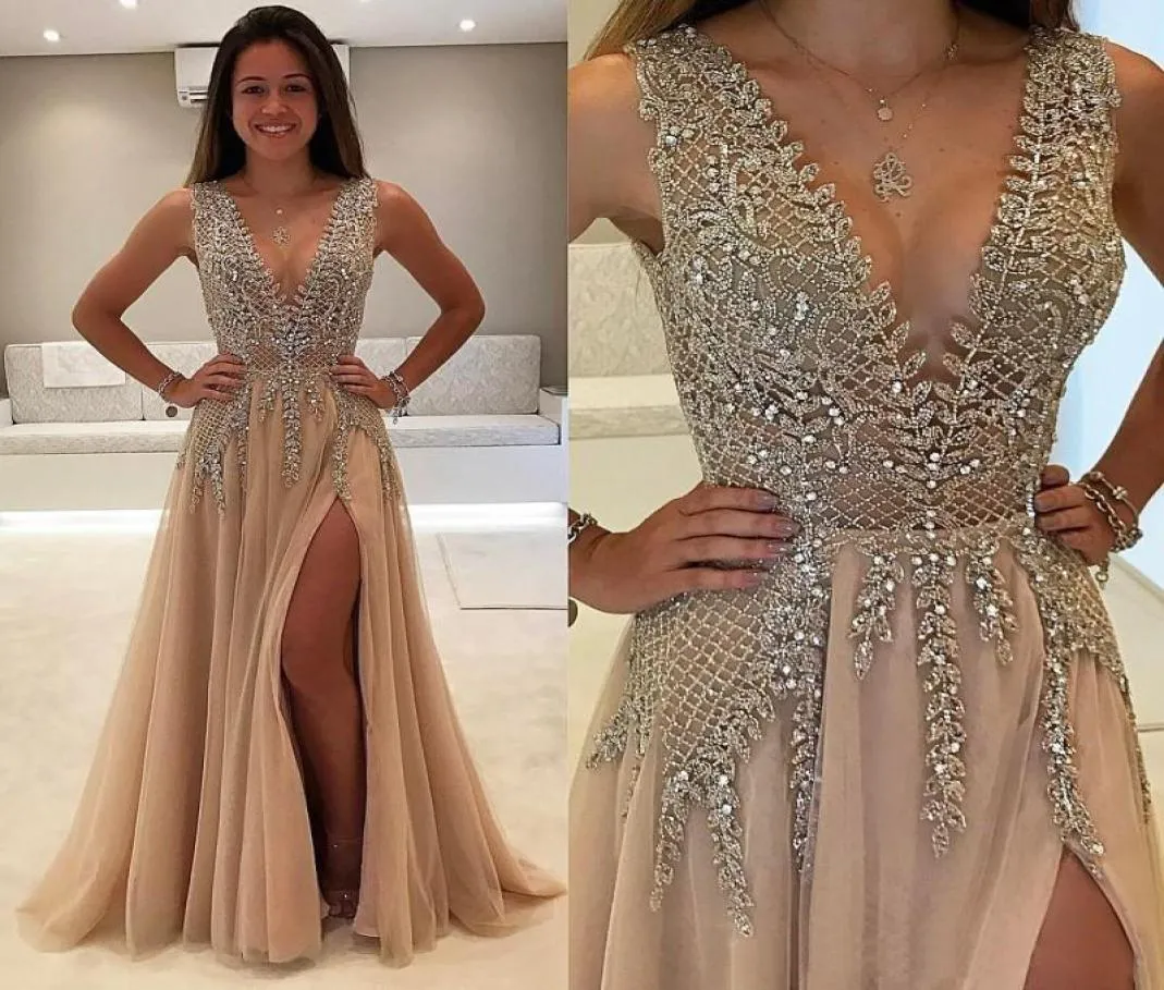 Vintage Deep VNeck Crystal Applique Beading Backless Guest Dress Chiffon Elegant Split Full Length Party Prom Dress2774429