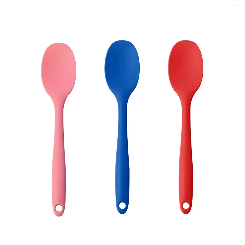 Cuillères 3 pièces en silicone à mélange antiadhésif Cuisson à la cuillère pour les ustensiles de cuisine résistants à la chaleur (rose bleu rouge)