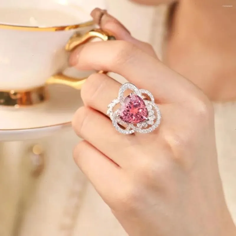 Ringos de cluster Big Flower Deding Ring Zircon 925 Becada de casamento de noivado de prata esterlina para mulheres de festa de aniversário de noiva para mulheres jóias