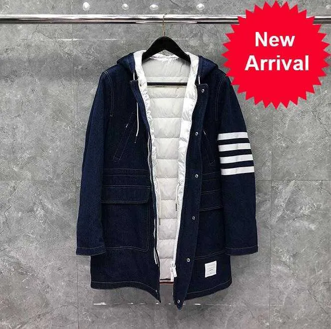 2022 Fashion Brand Coats Men Patchwork Long Denim Striped Thick Casual Hooded Winter Clothing Down Jacket