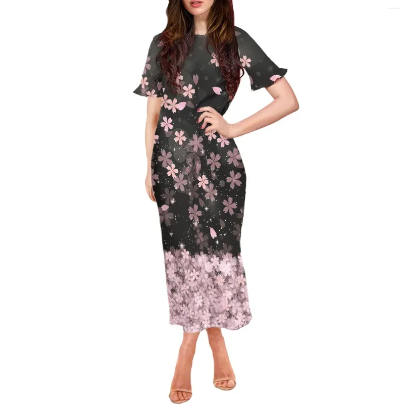 Party Dresses Cherry Blossom Design Print Summer Polynesian Style Short Sleeve Dress Lotus Fashionabla Women's