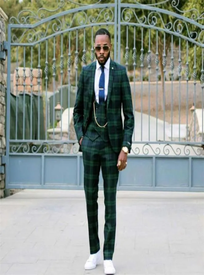 Drie stukken Heren Pak Jacket Pant Vest Dark Green Plaid Custom Made Formal Suits Wedding Tuxedos Business Men Wear9247695