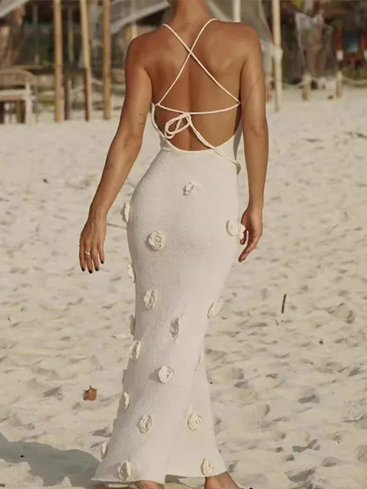 knit maxi dress with flowers Elonore Floral Embroidered Crochet Knit Maxi Dress, M / Neutrals