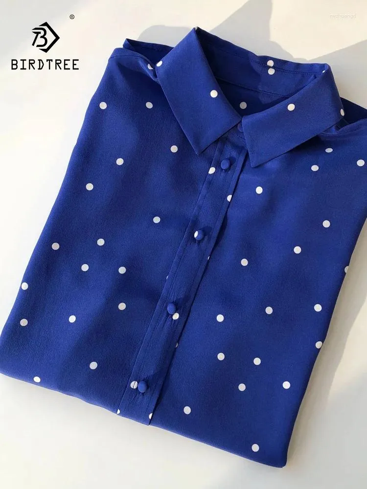 Women's Blouses BirdTree 18MM Mulberry Silk French Vintage Shirt Dots Commute Sand Washed Blouse 2024 Spring Chic Tops T41554QC