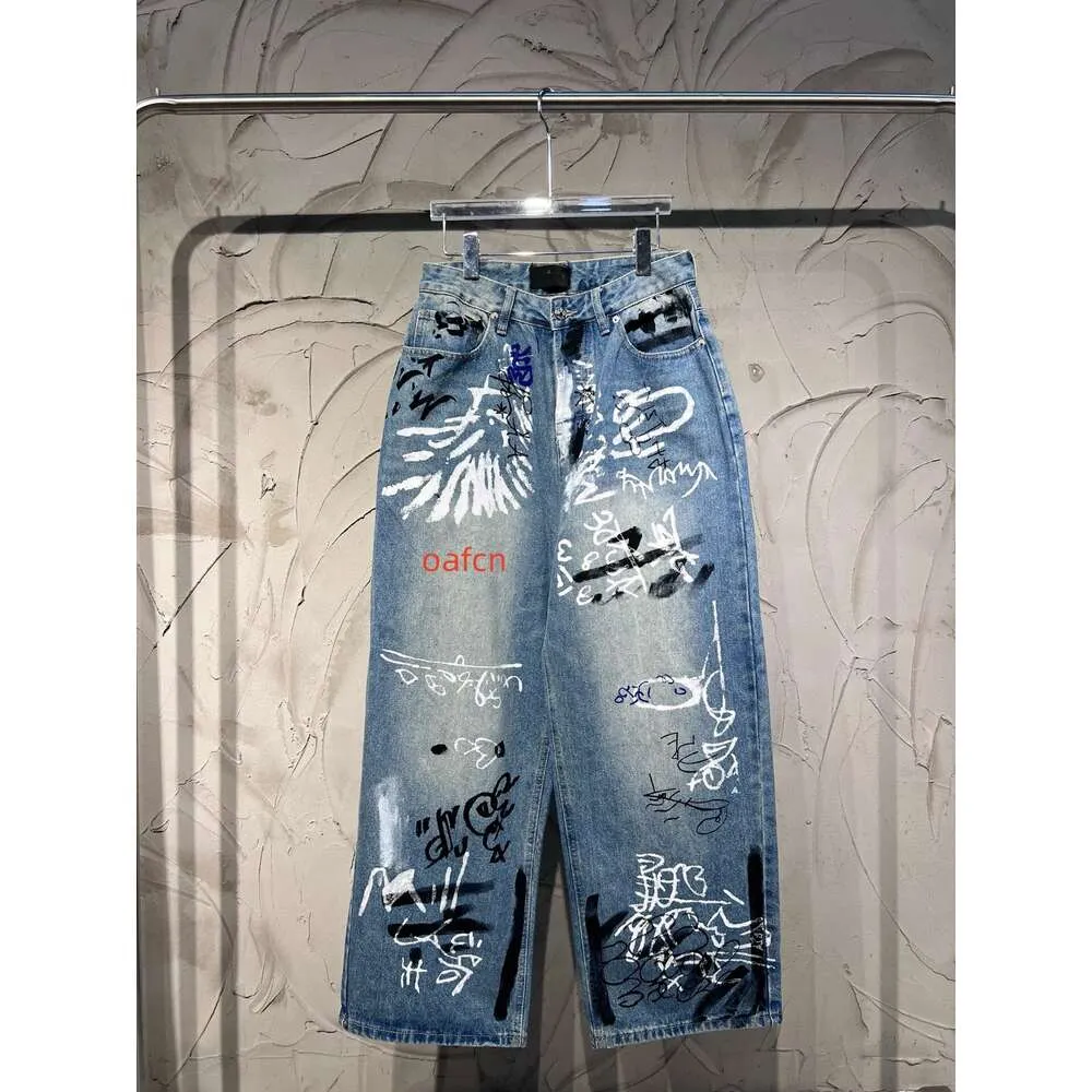 2024SS Spring and Autumn New Product Fashionable Men's Graffiti Jeans Casual Straight Tube Pants Couple Work Pants Denim Pants jeans hole pants purple brand jeans