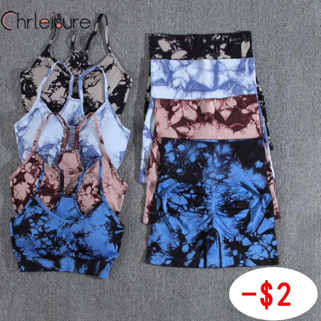 CHRLEISURE YOGA SHONTS SET TIE DYE女性シームレスサマーブラジャーハイウエストフィットネススポーツウェアプリントショートパンツ240408