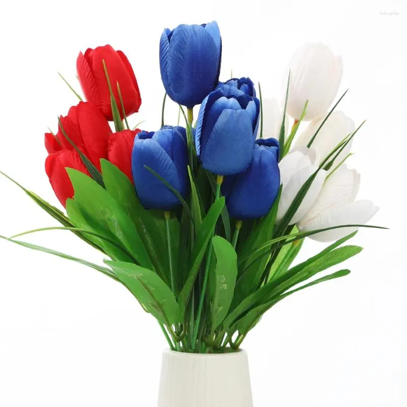 Decorative Flowers 3Pcs Artificial Tulips Red White Blue Faux Silk Tulip Floral Bouquets For 2024 Independence Day Patriotism Party Decor