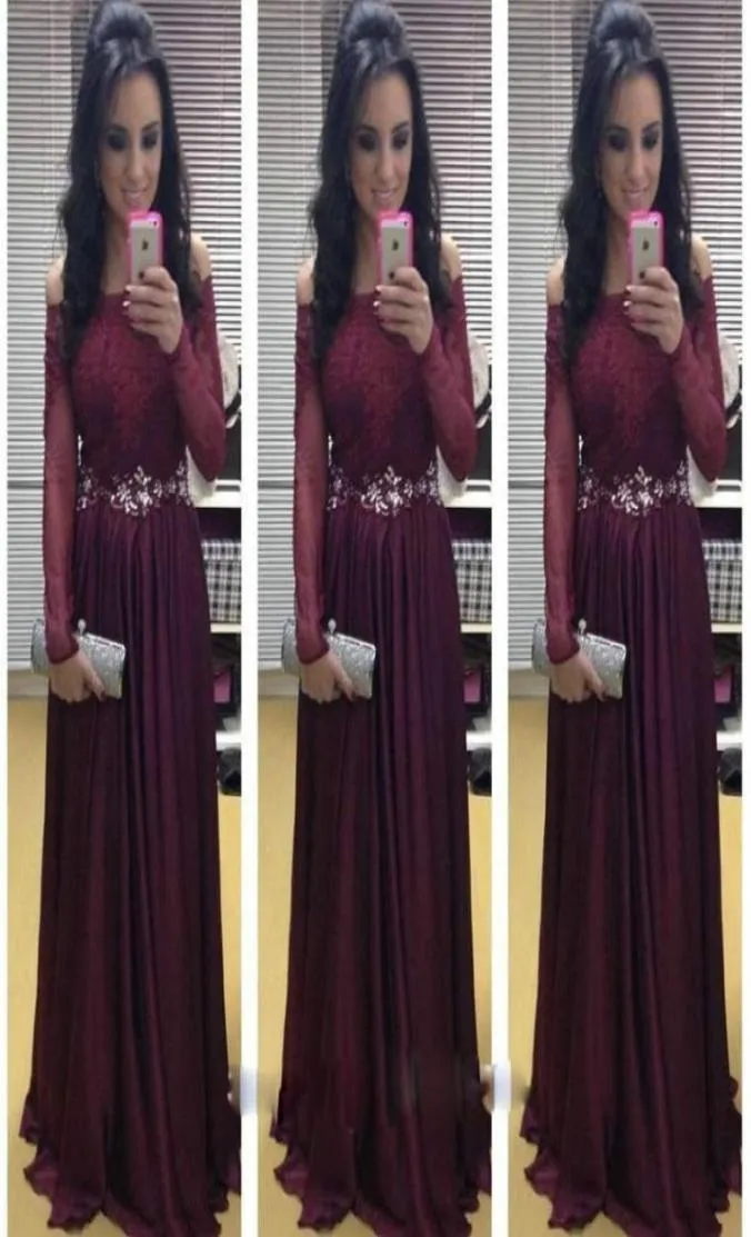 Maroon Off The Shoulder Evening Dresses With Long Sleeves A Line Lace Satin Formal Prom Gowns Custom Made Cheap3186357