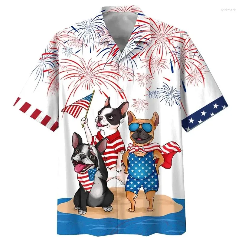 Casual shirts voor heren Hawaiian Vintage USA vlag voor mannen Dog 3D Print Man Kleding grappig strand Harajuku zomer bloemen blouse retro sociaal