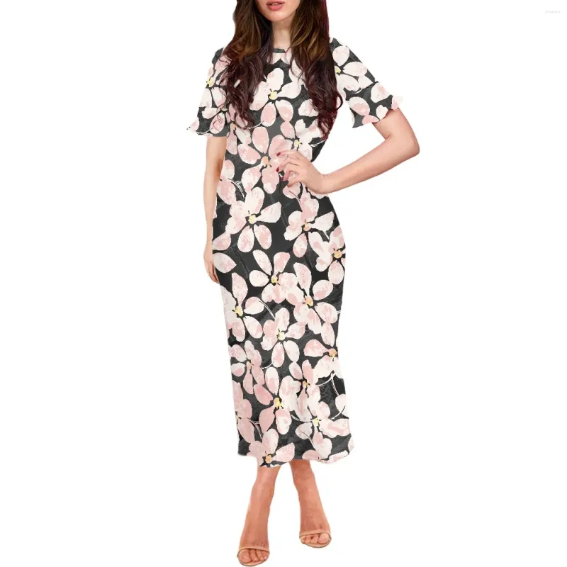 Partykleider Blumendesign Hawaii Polynesischer Frauen schlanker runder Hals kurzärmeliges Sommer -Modekleid Ladies luxuriös