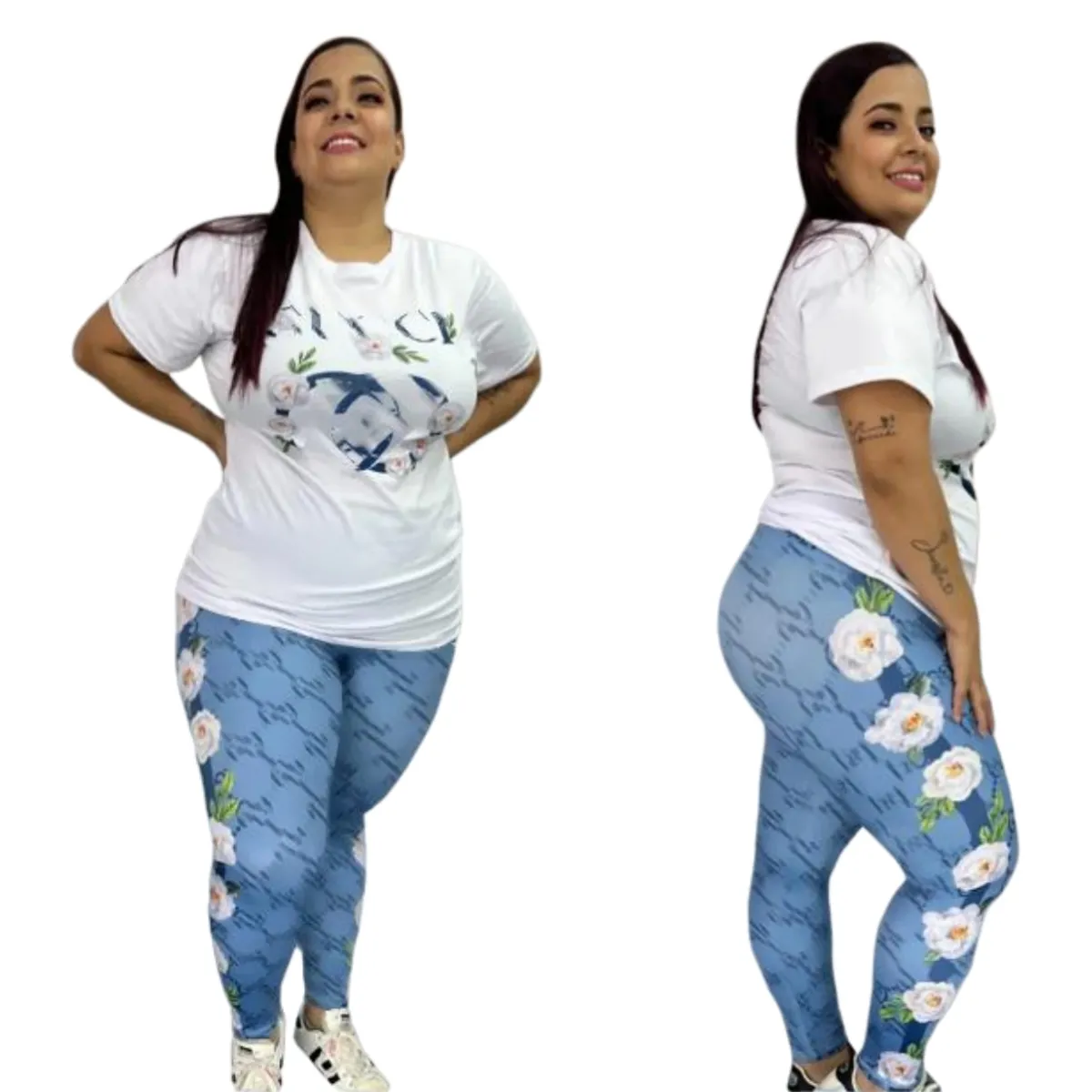 5xl t-shirt da stampa floreale e pantaloni da donna più taglie