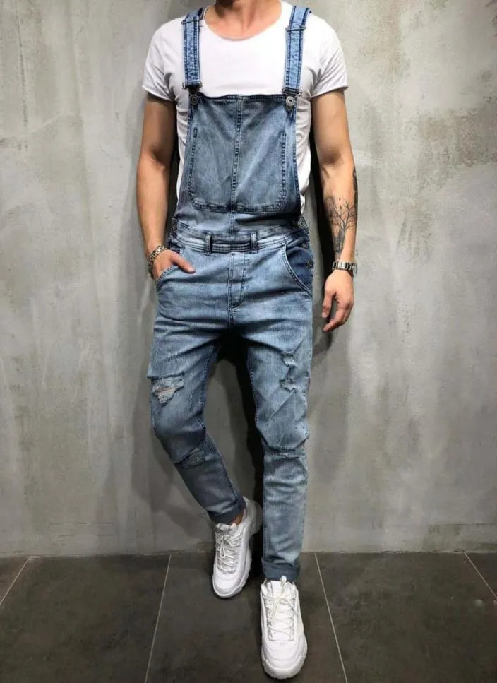 2019 модные мужские разорванные джинсы Rompers Casual с поясом с поясом джинсовой джинсовой бак Denim Bib Bike Jean 2600530