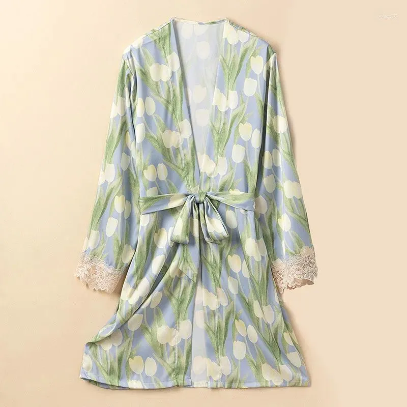 Robe imprimé pour femmes Robe sexy Spaghetti Spaghetti Short Pajamas Lace Edge Home Wear Kimono Nightgown Lingerie