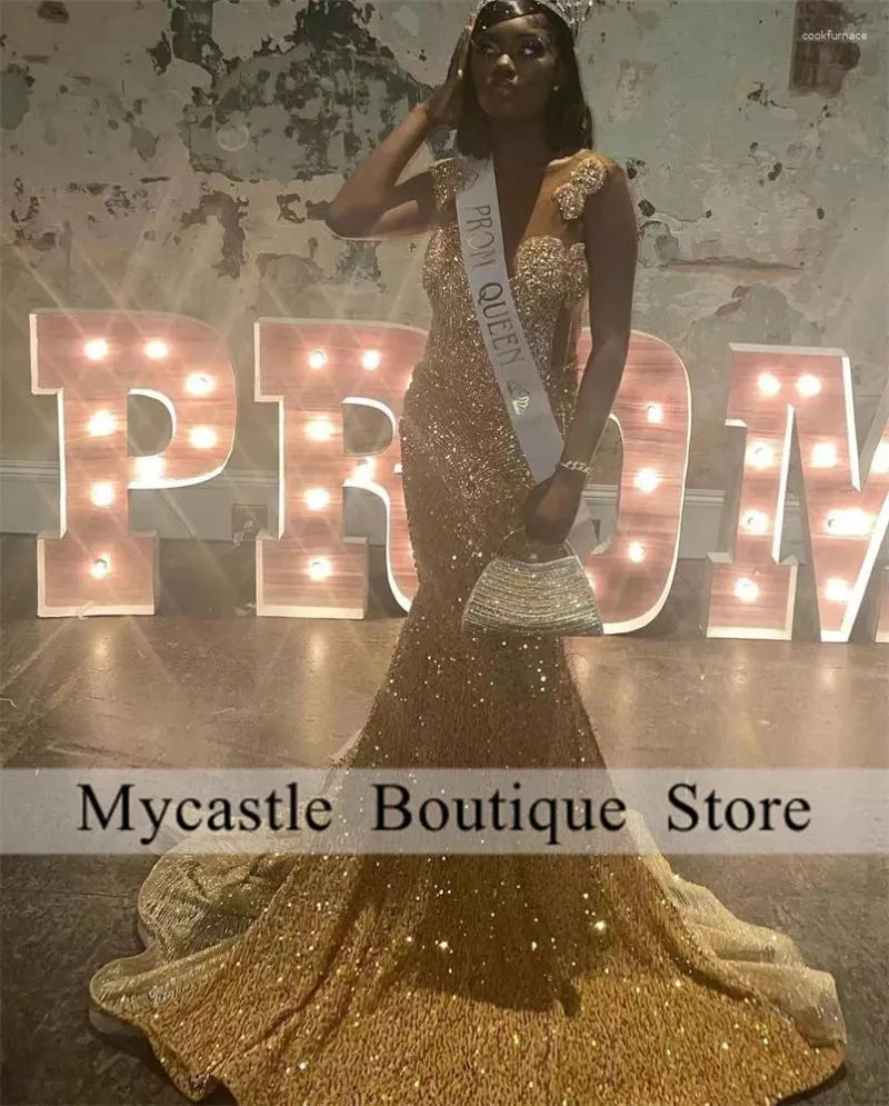 Party Dresses Sparkly Gold Diamond Long Prom For Black Girl Luxury Crystals Rhinestone Sequin Mermaid Evening 2024