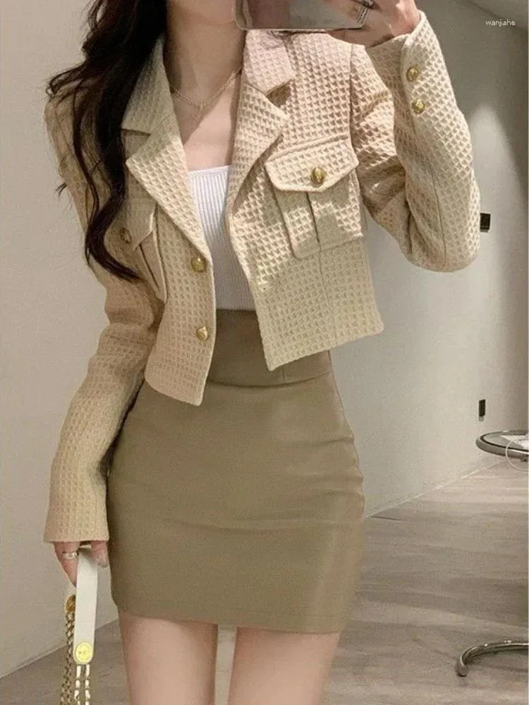 Work Dresses SOILFOIL Autumn Simple Retro Long-sleeved Suit Cardigan Jacket Meat Hip Half-length Mini Skirt Two-piece For Women