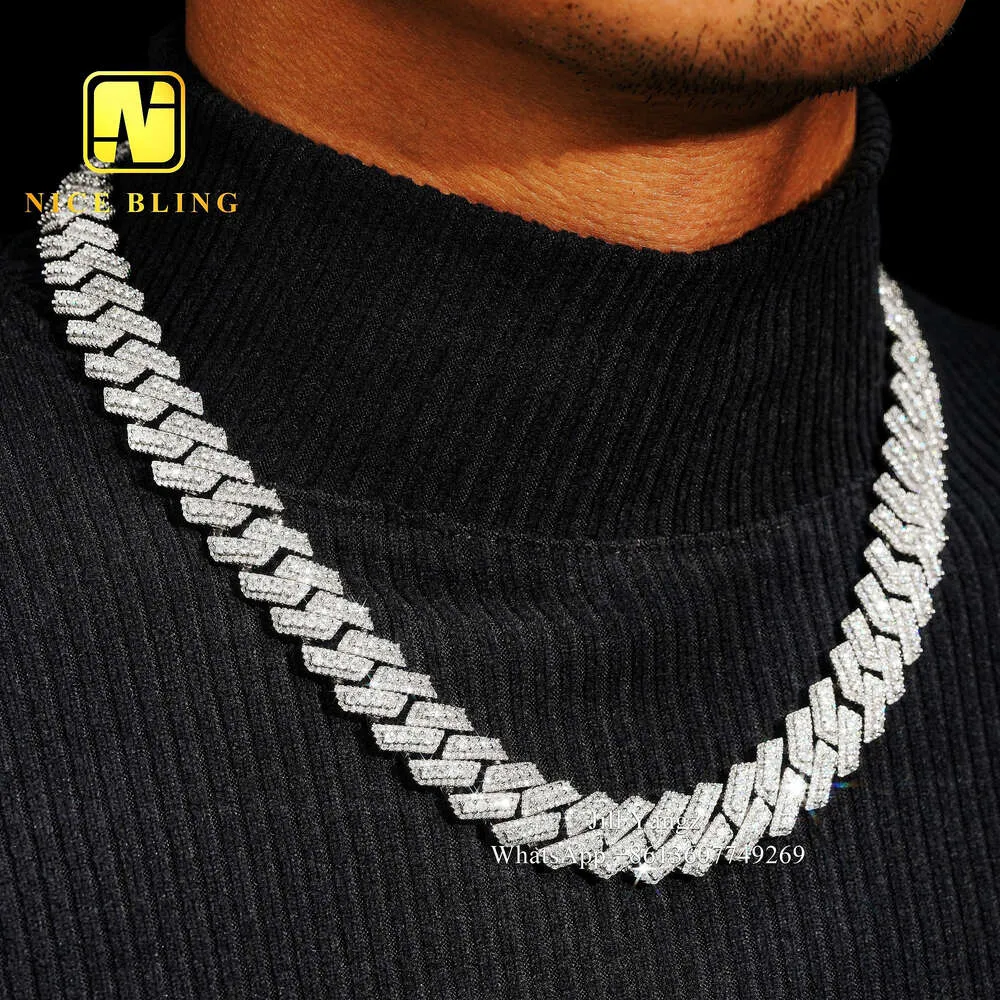 Tung 3 Big Stone sticker ut 15mm Bust Down Cuban Link Moissanite 925 Hip Hop Iced Out Cuban Link Chain 18K Guldpläterad halsband