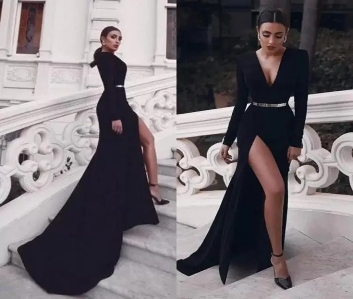 Sexy High Cops Split Black Robes de soirée manches longues V Femmes Neck Femmes Formelles Robes Met Gala Celebrity porte Bes1211187788